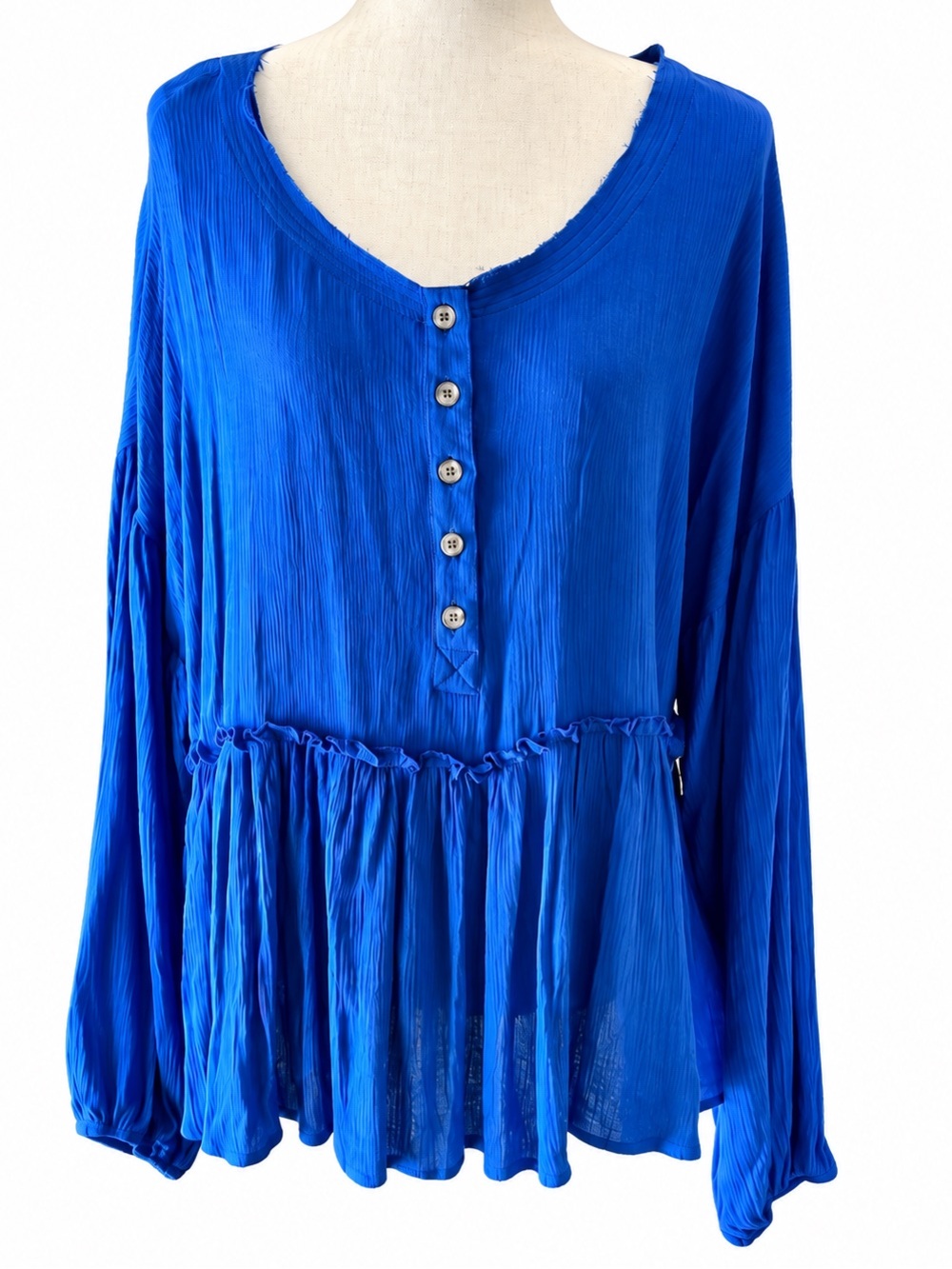 Baku Cobalt Blue Boho Peplum Henley Blouse Long Sleeve NWT